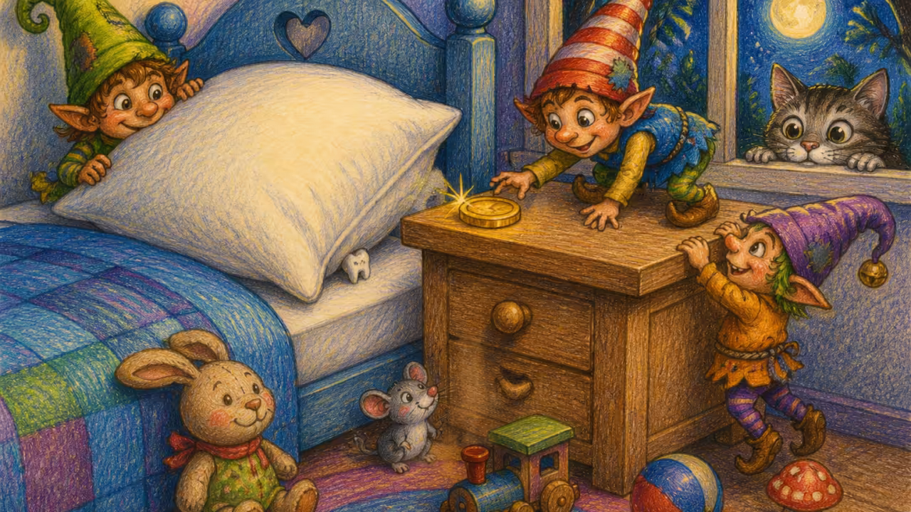 Une chambre d'enfant la nuit, une petite dent glissée sous l'oreiller et une pièce qui brille sur la table de chevet