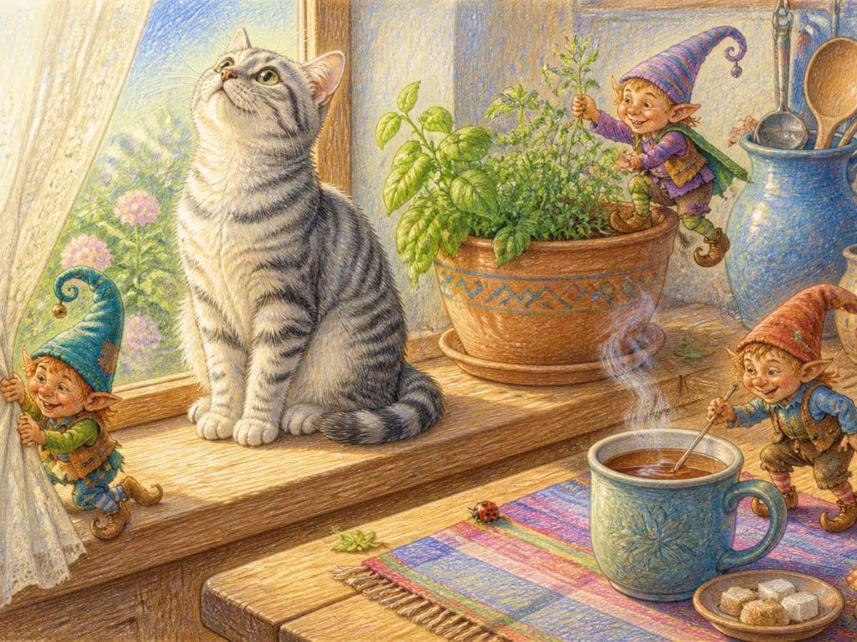 Silver tabby cat perched on a kitchen windowsill looking intently up at the ceiling in soft sunlight