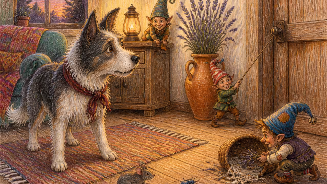 Old shepherd dog alert and staring at an empty corner in a softly lit cottage living room at dusk
