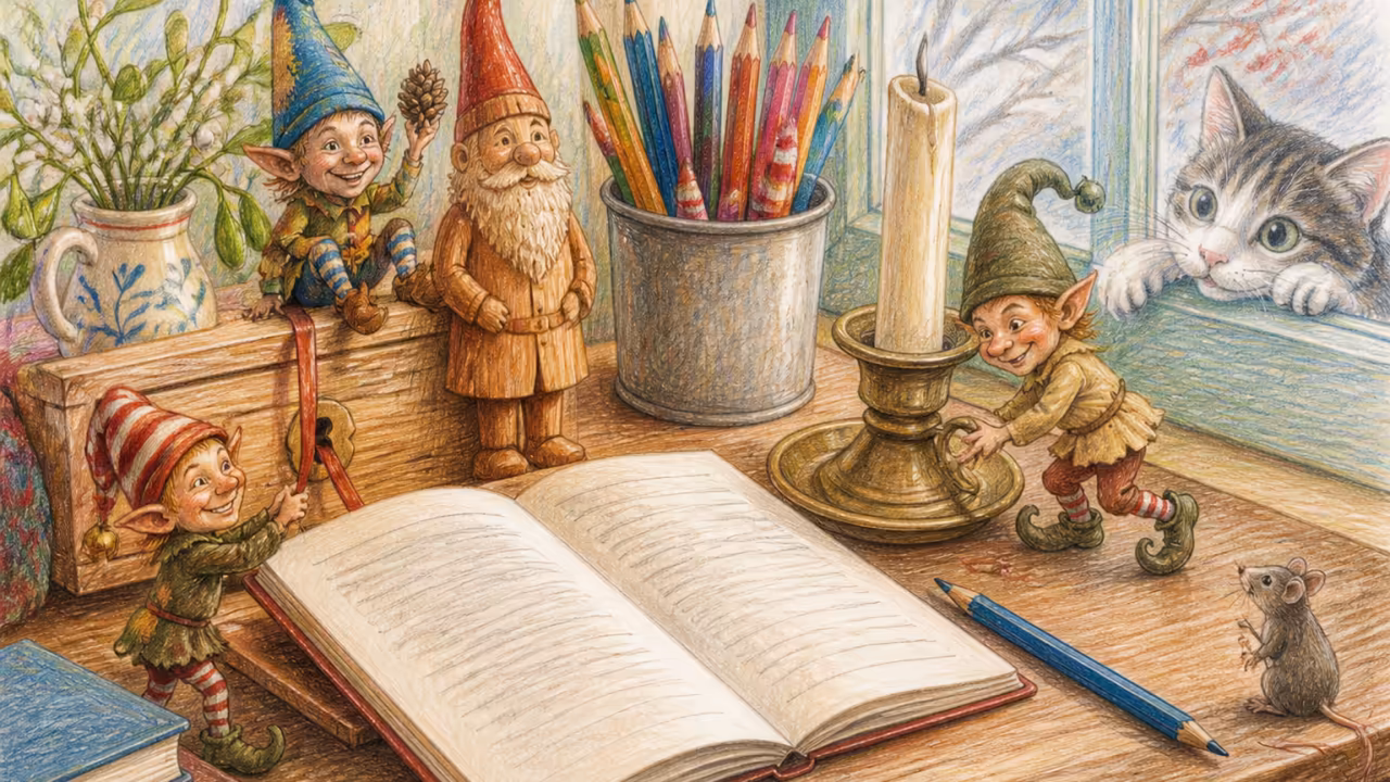 Un bureau d’enfant en bois un après-midi de décembre, un cahier ouvert avec des lignes d’écriture cursives au crayon, une petite figurine en bois d’une créature de Noël à côté, une bougie éteinte, un gobelet en étain plein de crayons, un brin de gui dans un petit vase