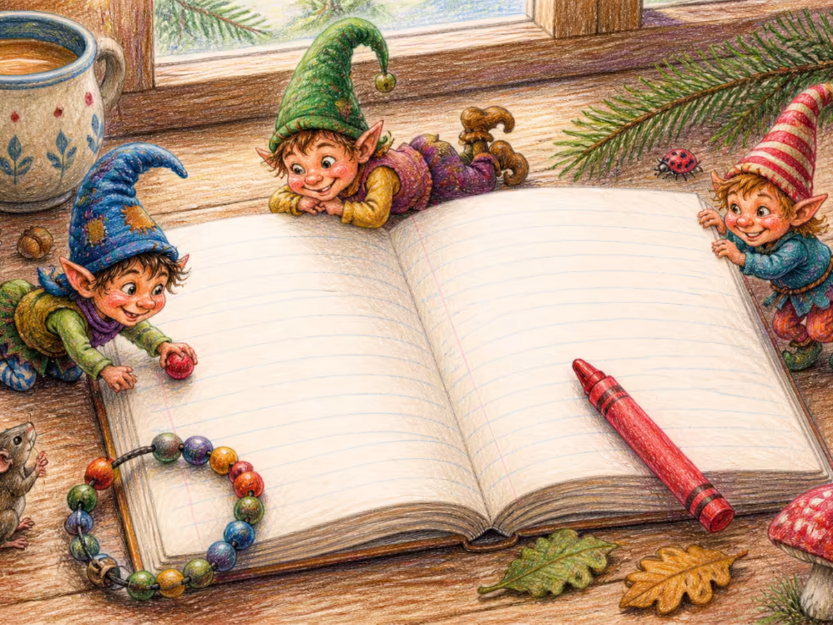 Gros plan d’un cahier d’enfant ouvert sur une table en bois, lignes d’écriture vides, un crayon rouge posé sur la page, un petit bracelet en perles de bois à côté du cahier, un brin de pin frais, une petite tasse en céramique