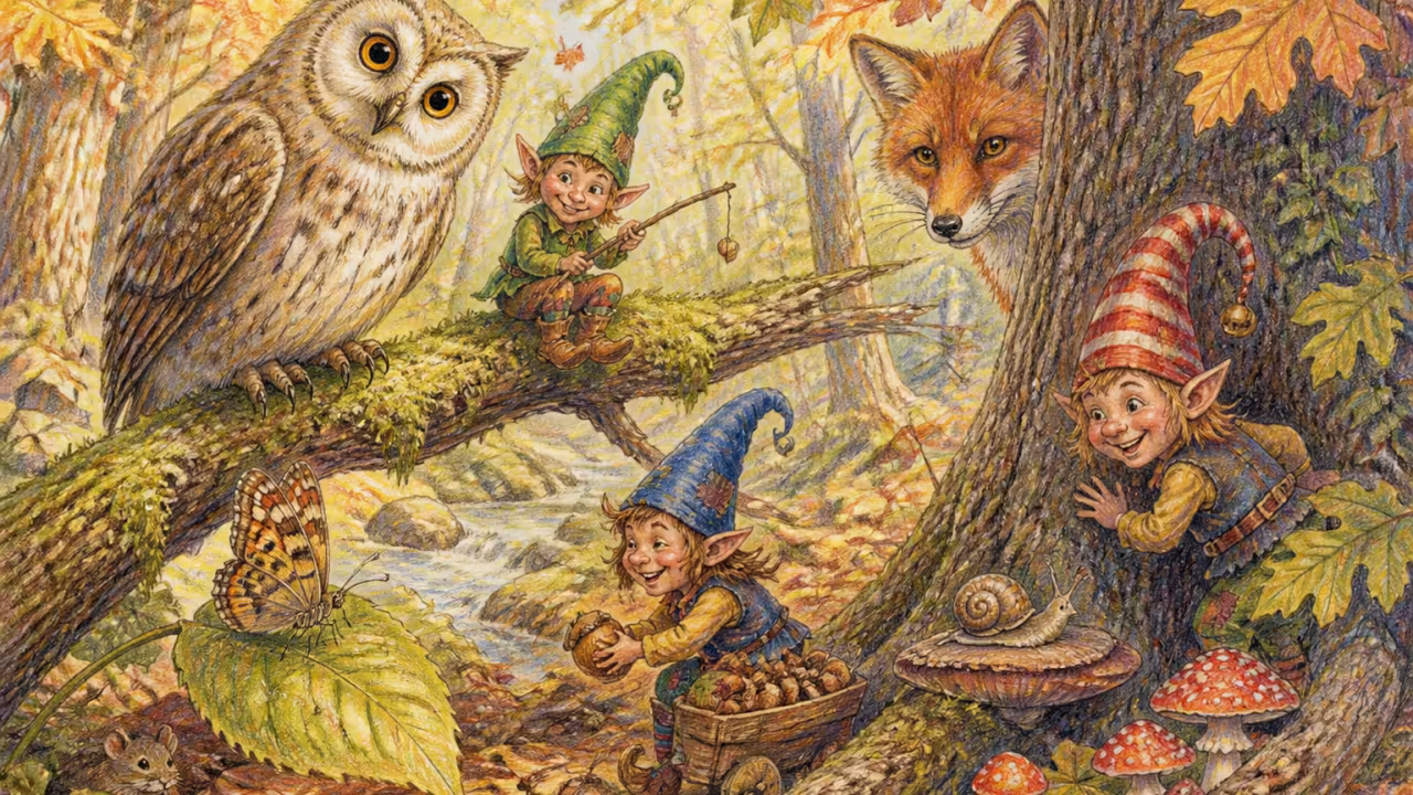 An owl perched on a mossy branch in a forest clearing, a butterfly resting on a leaf nearby, a fox watching from behind a tree trunk