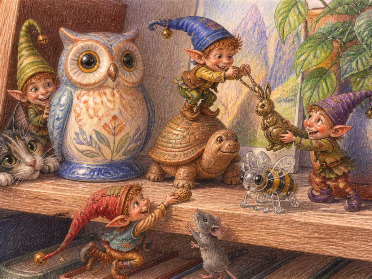 A cosy shelf with handcrafted animal figurines: a ceramic owl, a small wooden tortoise, a glass bee, a brass rabbit charm