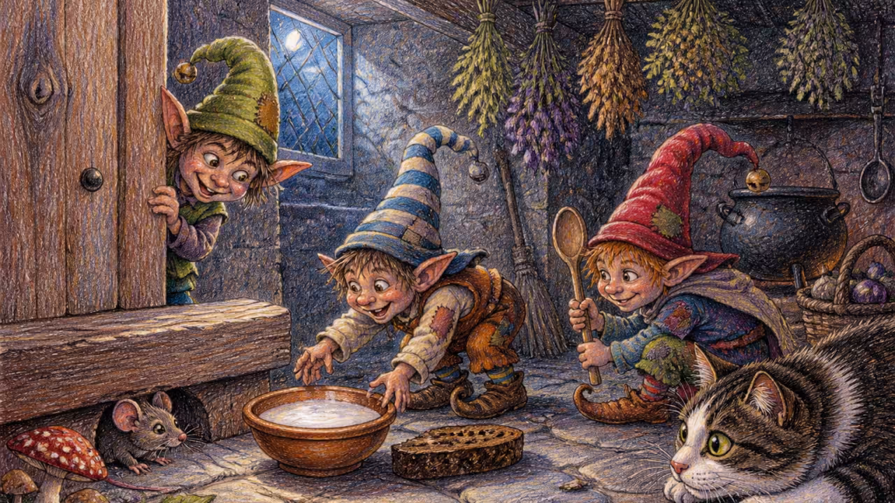 A bowl of milk and bread on the stone threshold of an old moonlit kitchen
