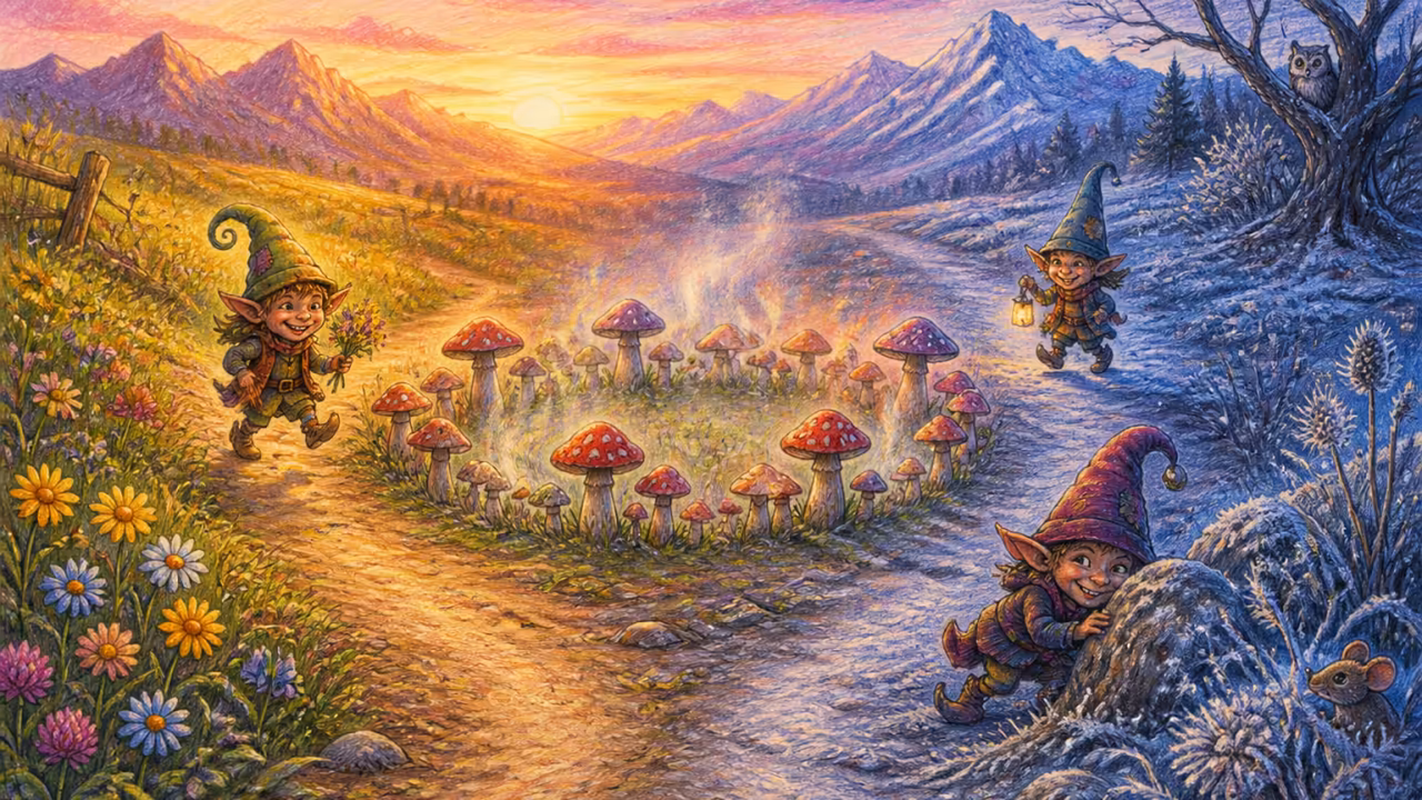 A wild mushroom ring in a highland clearing at dusk, a path splitting in two at the edge of the circle, one side with golden summer flowers and the other with frost-touched blue grass
