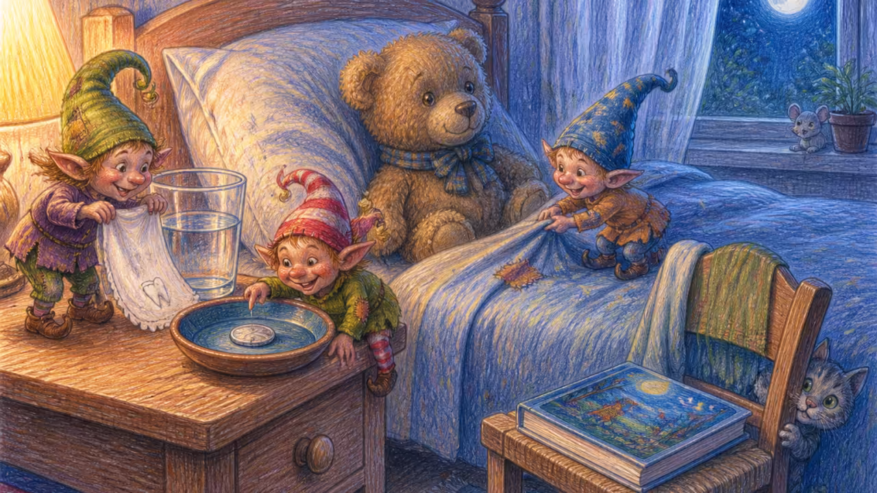 A British children’s bedroom at night with soft moonlight through curtains, a small bedside table with a glass of water, a folded white handkerchief with an embroidered tooth-shape pocket, a small ceramic bowl with a single silver coin, a stuffed bear on the bed