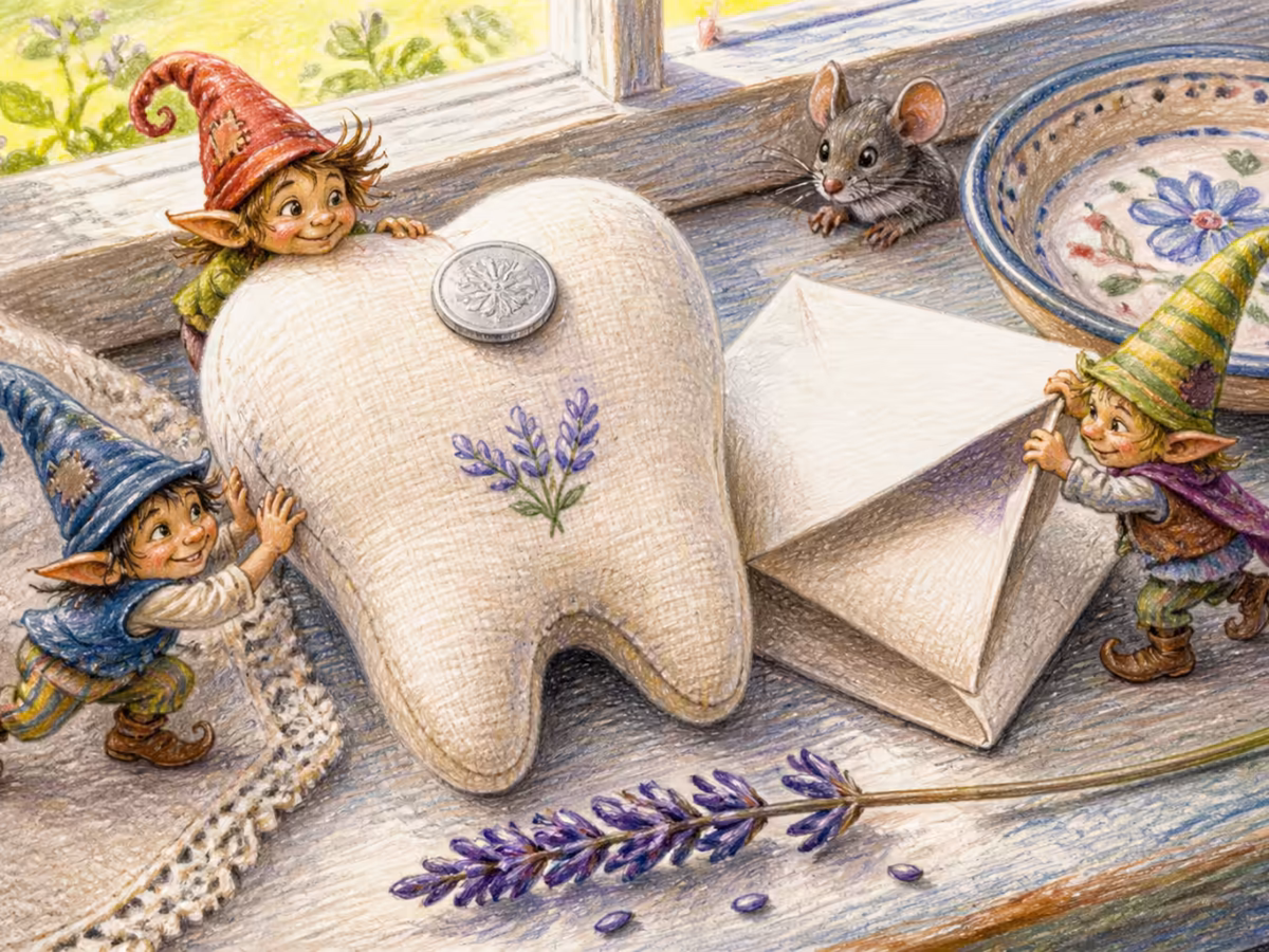 A close-up of a small handmade tooth-shaped fabric pillow with embroidered initials, a tiny silver coin resting on top, a folded paper note beside it, soft warm morning light from a window above