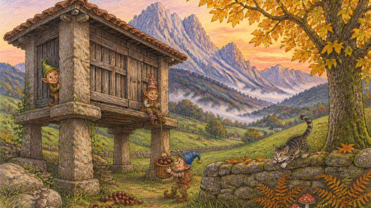 Un paisaje rural asturiano al atardecer en otoño, un hórreo tradicional de piedra elevado sobre cuatro pilares en primer plano, prados verdes hacia los Picos de Europa al fondo, un viejo castaño con hojas amarillas, niebla baja en los valles