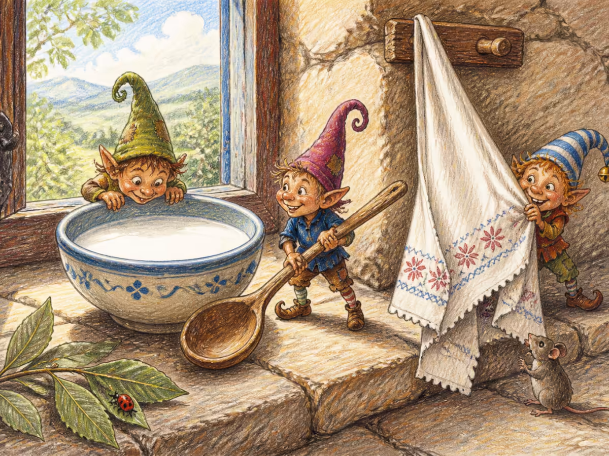 Detalle de una cocina rural asturiana tradicional, un cuenco de cerámica con leche fresca en el alféizar de piedra, un viejo cucharón de madera al lado, un paño de lino bordado colgando, un brote de laurel fresco