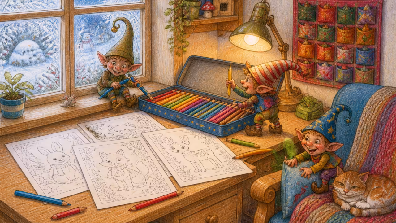 Ein gemütliches deutsches Kinderzimmer am Winternachmittag, ein Holzschreibtisch mit ausgebreiteten Mal-Vorlagen, eine geöffnete Buntstift-Schachtel, ein Fenster mit Eisblumen und verschneitem Garten, eine gefaltete Wolldecke auf einem Sessel, ein Adventskalender an der Wand