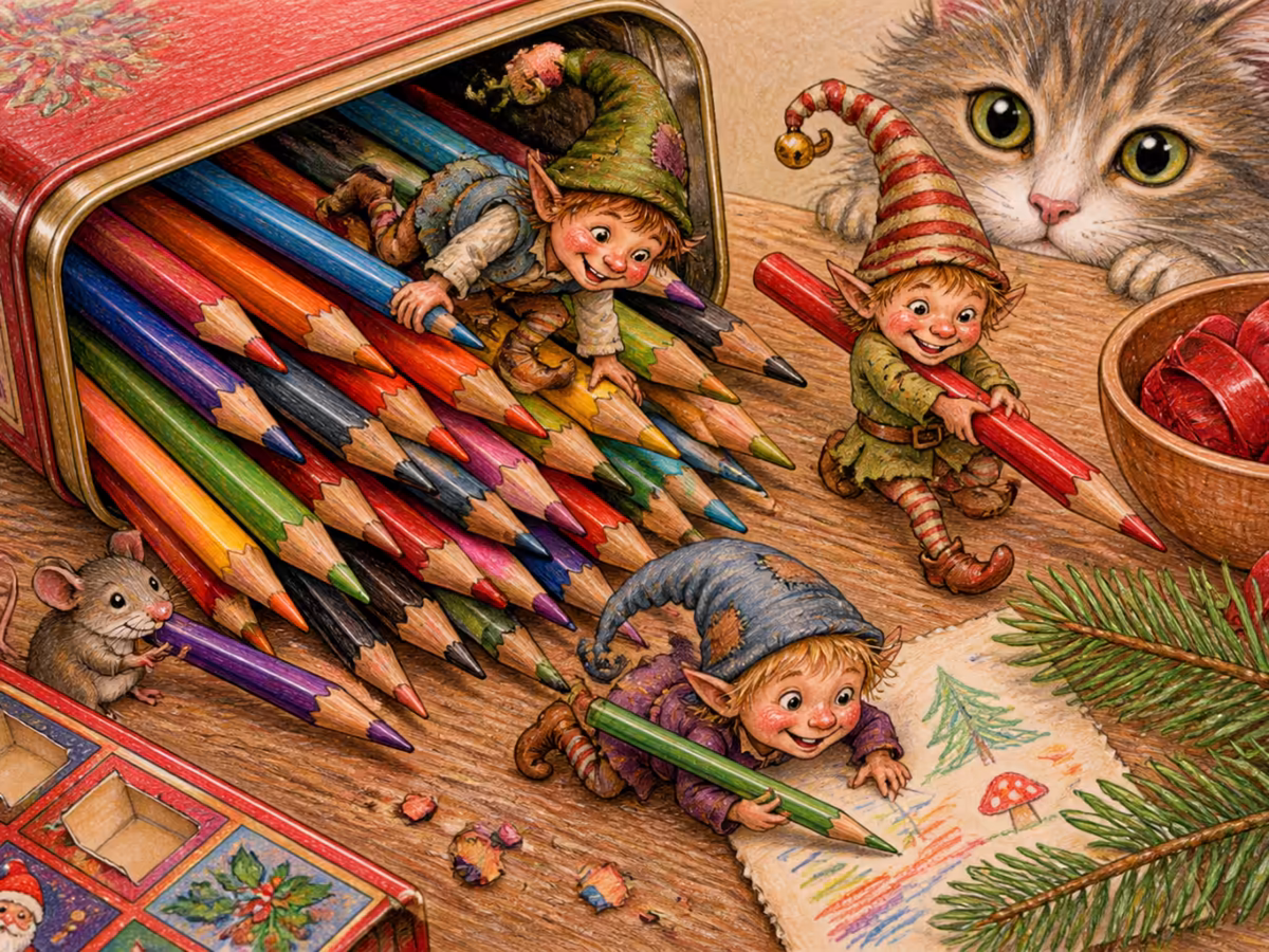 Nahaufnahme einer umgekippten Schachtel hochwertiger Buntstifte, dutzende Stifte verteilen sich auf einer Holzoberfläche, ein Adventskalender im Bildrand sichtbar, weiches warmes Winterlicht, ein frischer Tannenzweig