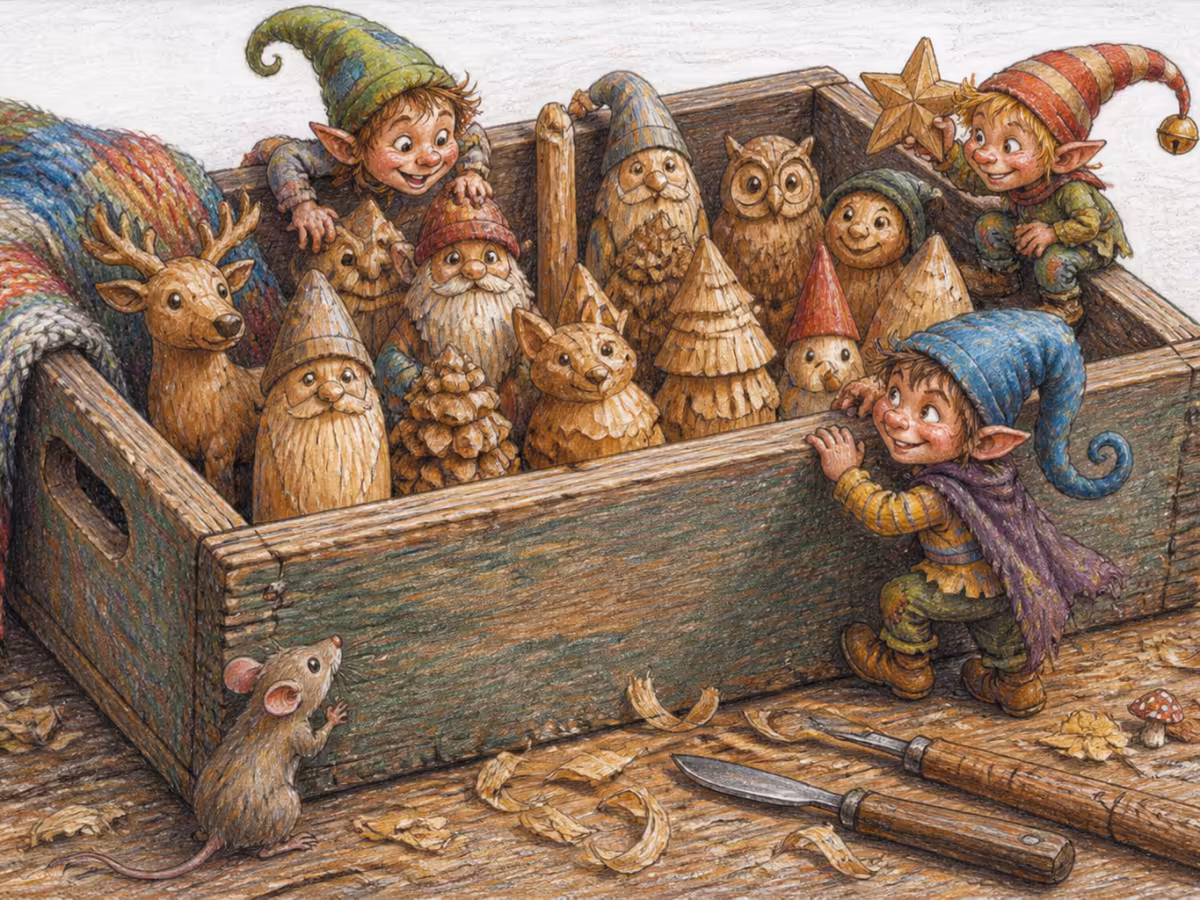 Nahaufnahme einer abgenutzten Holzkiste auf einer Werkstattbank, mehrere kleine geschnitzte hölzerne Weihnachtswesen im Inneren mit unterschiedlichen Haltungen und individuellen Charakteren, sanftes natürliches Licht von oben, ein Tuch aus Wolle aus einer Ecke der Kiste