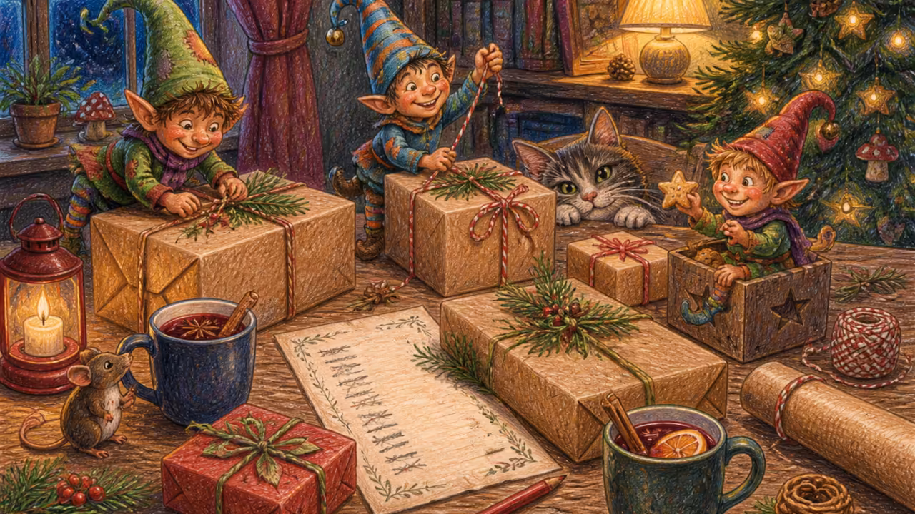 Eine warme deutsche Wohnzimmer-Szene am Abend, ein langer Holztisch mit verpackten Wichtelgeschenken in Packpapier und Jute-Schnur, eine handgeschriebene Namensliste, dampfende Glühwein-Tassen, ein kleiner Weihnachtsbaum im Hintergrund
