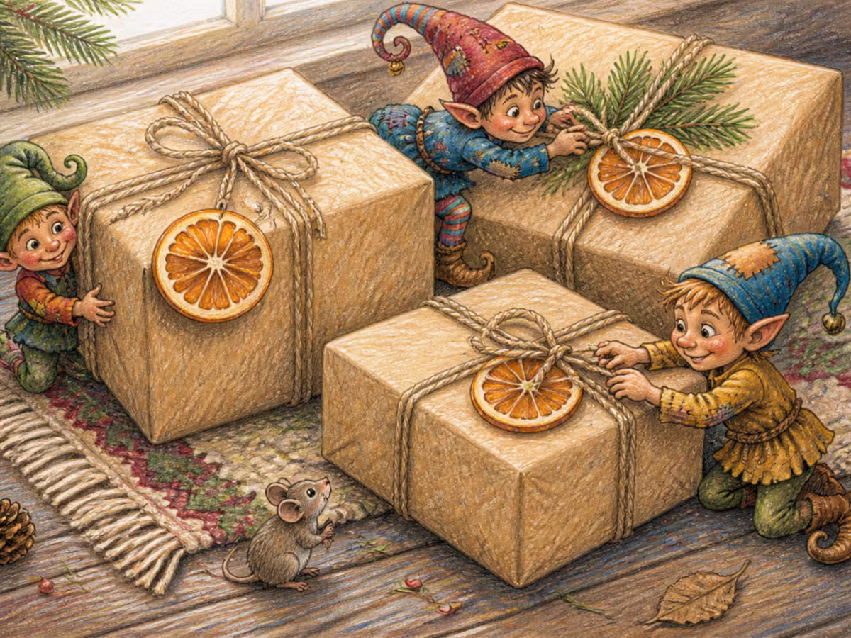 Nahaufnahme von drei verpackten Weihnachtsgeschenken in Packpapier mit Jute-Schnur und getrockneten Orangenscheiben als Deko, auf einem alten Holzboden mit Wollteppich