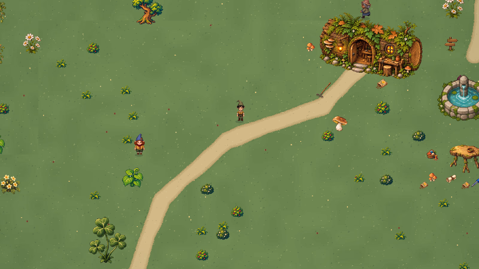 Un duende en la pradera del bosque de los Magikitos, vista del juego