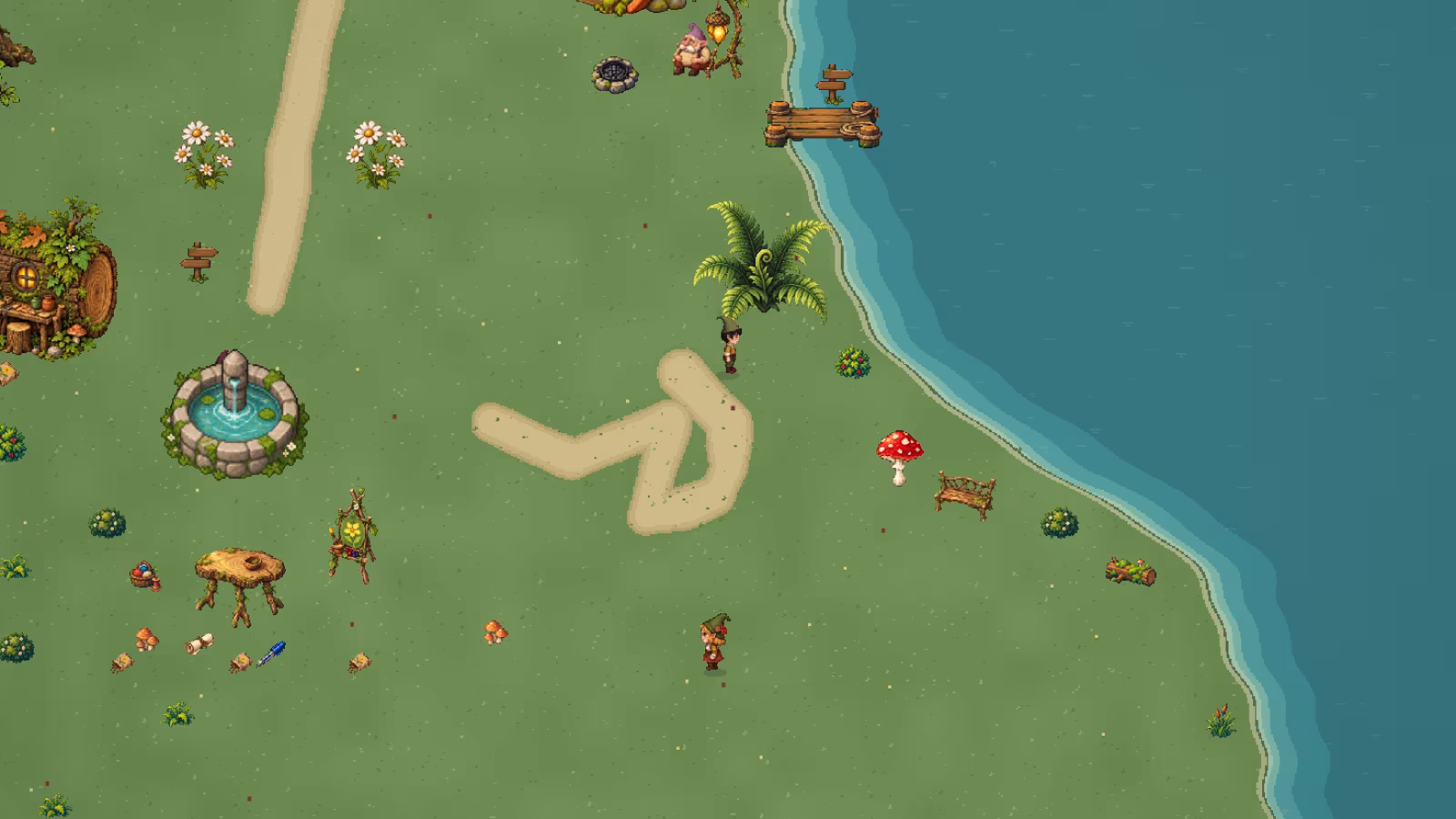 The lakeside in the Magikitos forest, with its little houses and fountain, a view of the game