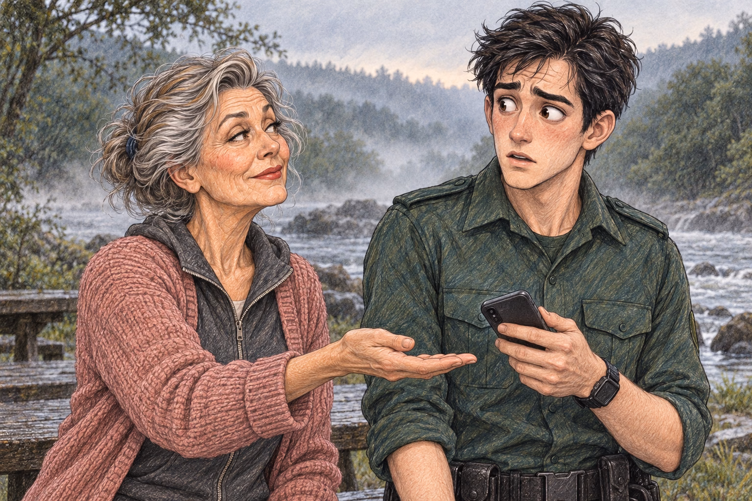 Hortensia holds out her hand to ask the officer for the phone.
