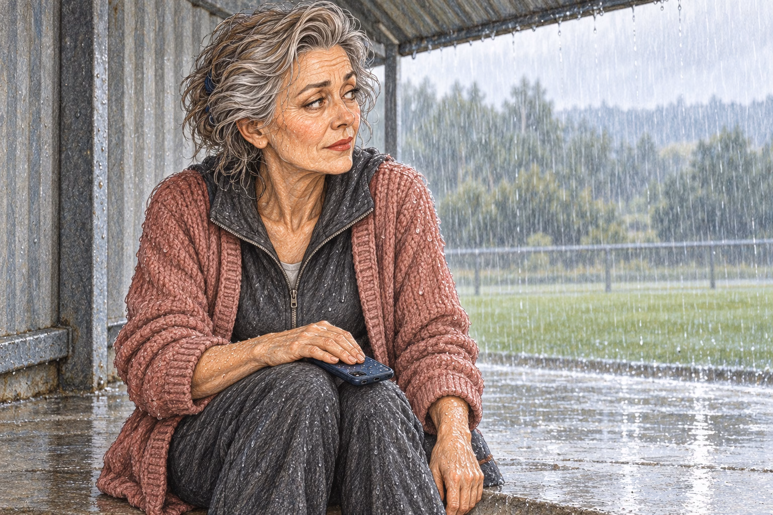 Hortensia leaves her phone face down on her knee as the rain continues.