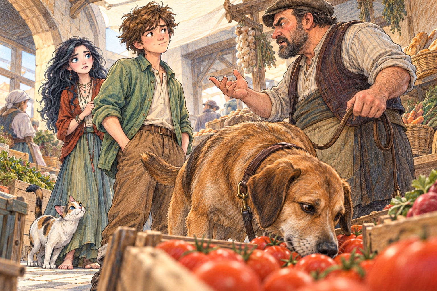 The dog sniffs the tomatoes while its owner carries on arguing with Axel.
