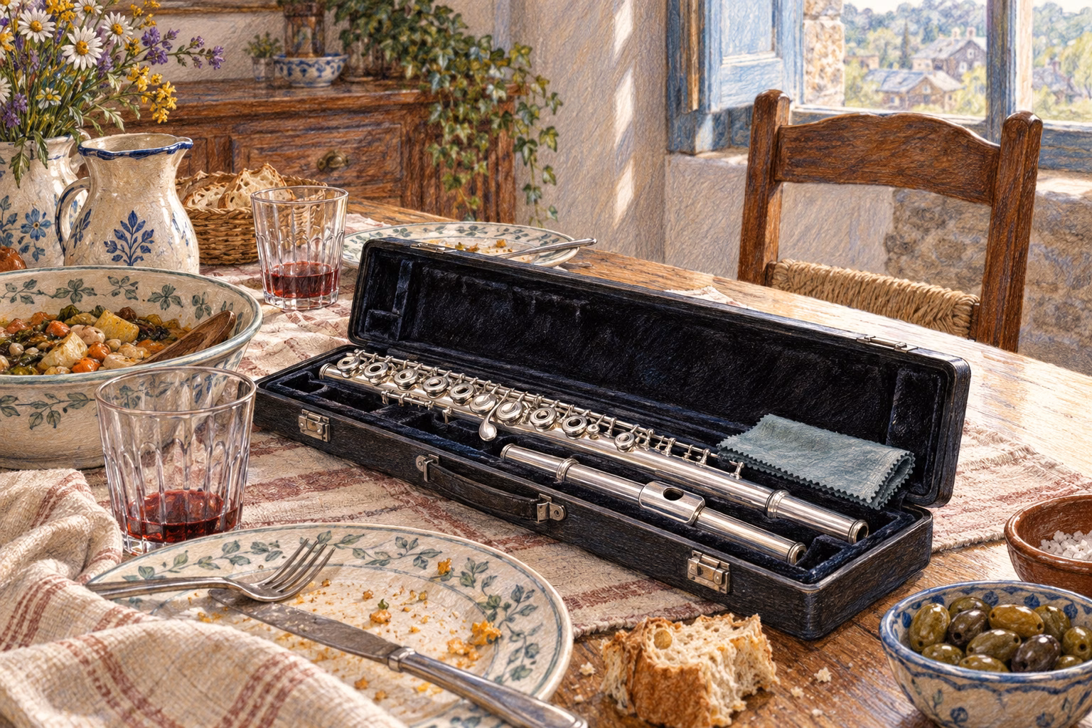 The flute and its cloth in an open case on the family lunch table.