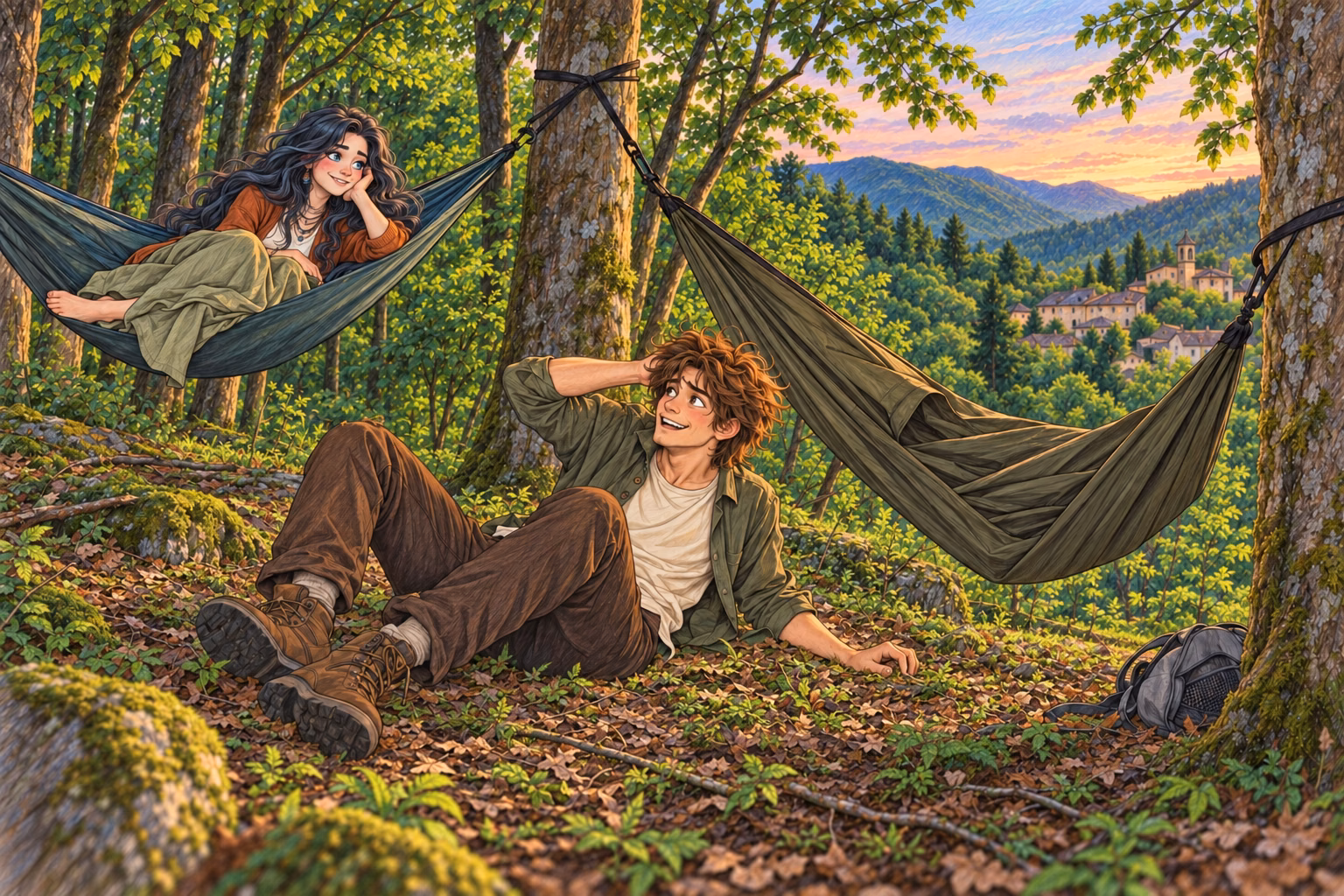Axel falls out of the hammock on his first attempt while Eva laughs nearby.