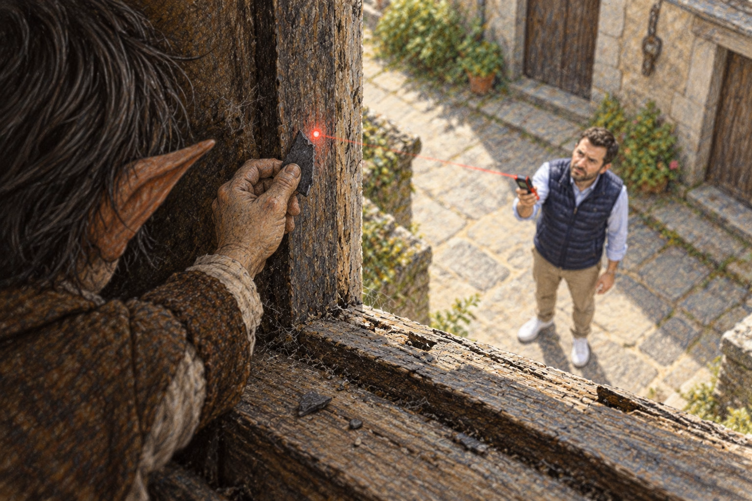From the window, the elf blocks the laser spot with a small piece of slate.