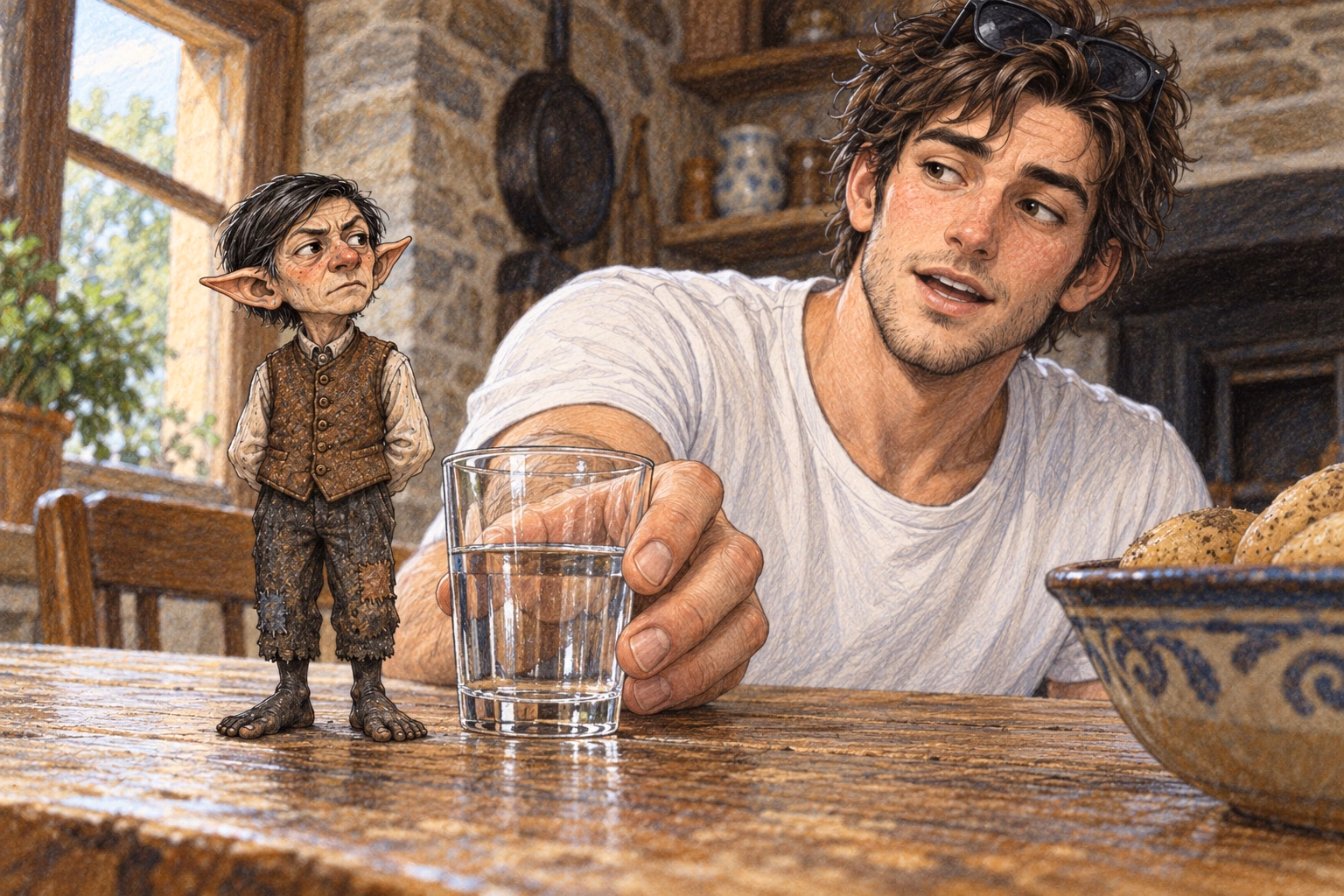 Wamba stops beside Víctor’s glass; Víctor drinks without seeing him.