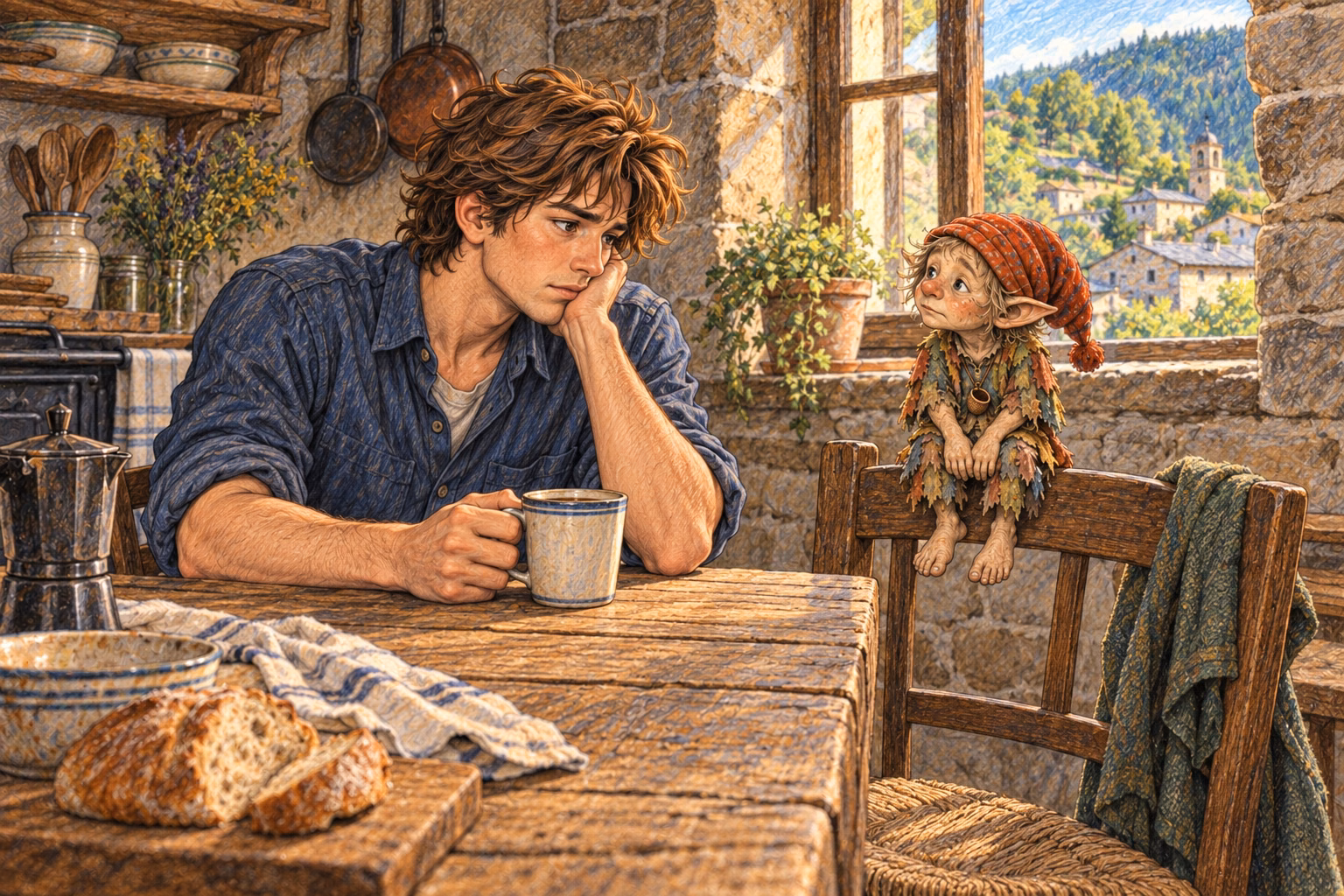 Gorgorito silently keeps Axel company as he drinks coffee in the kitchen.