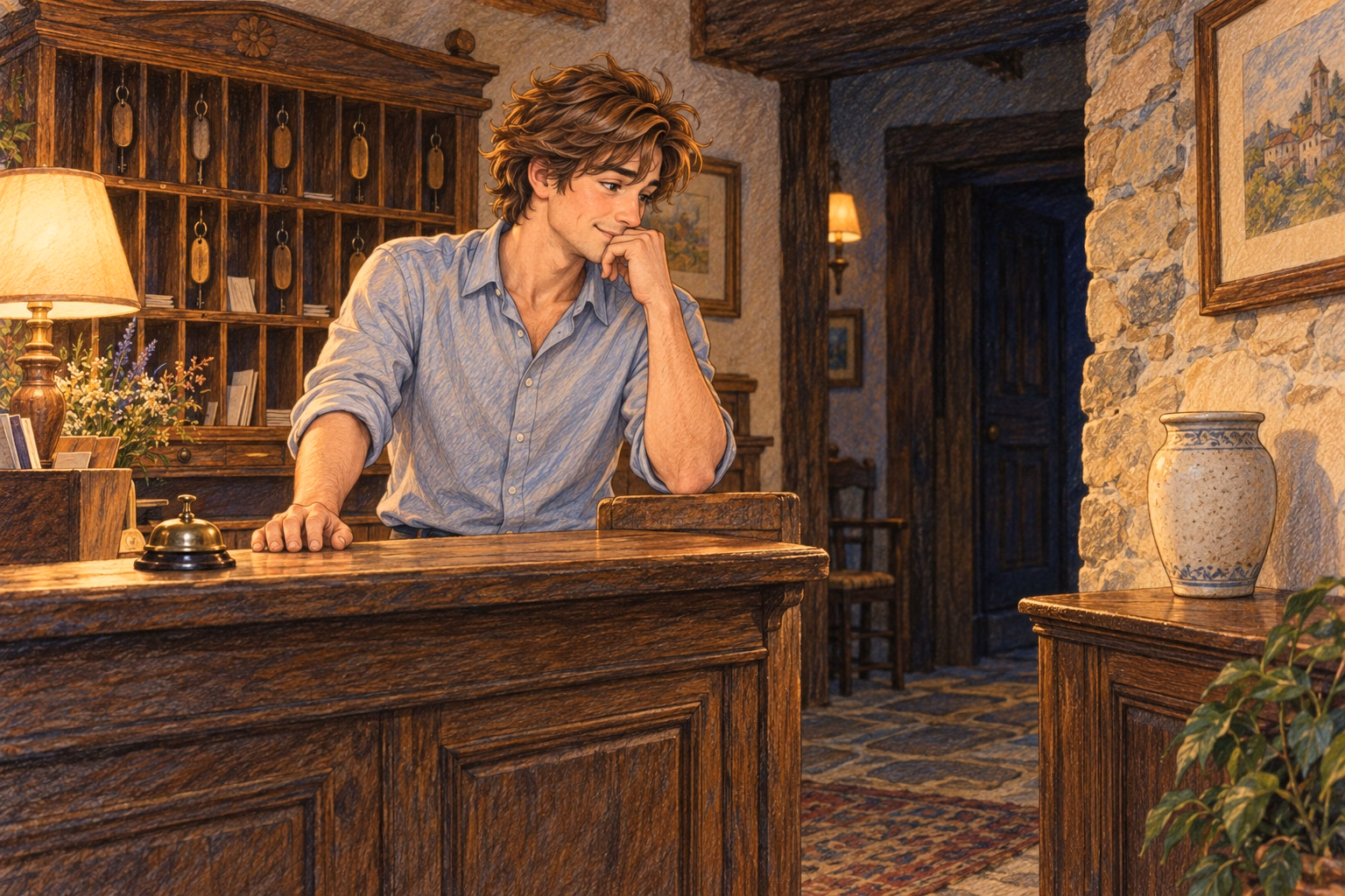 Axel looks at the hotel’s empty vase after talking to a guest.