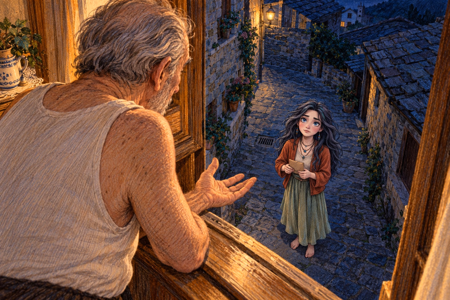 A neighbour leans out of his window to tell Eva that Axel has left.