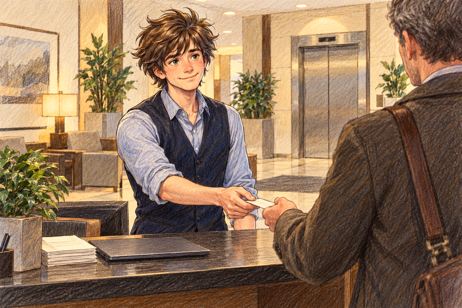 Axel remembers his days as a receptionist, handing a card to a hotel guest.
