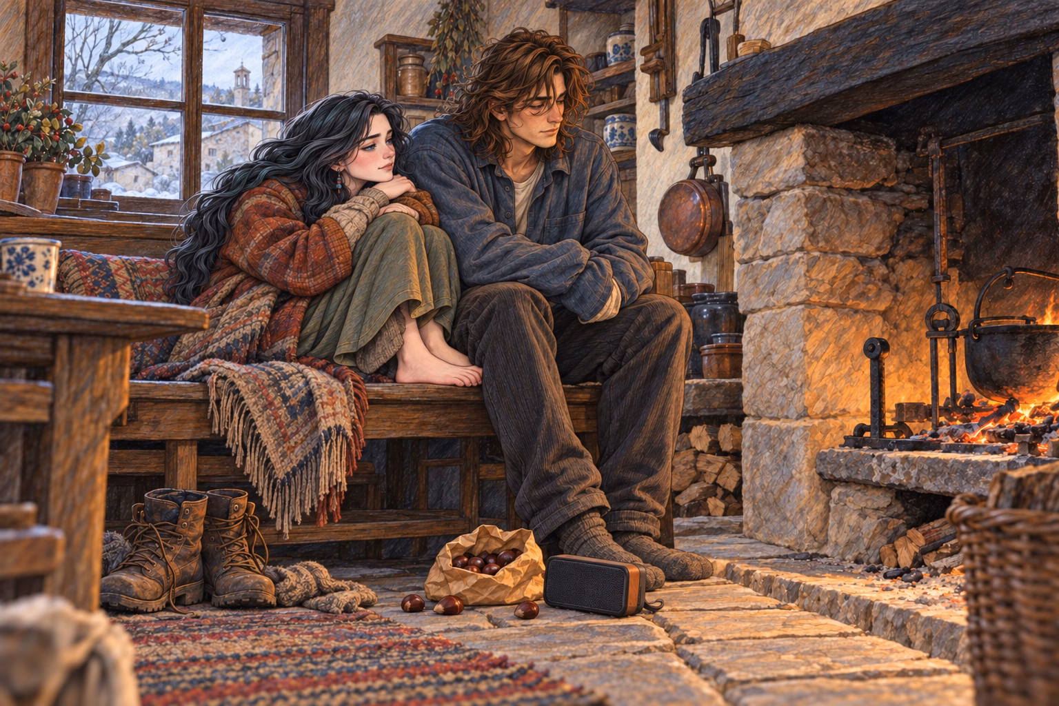 Eva slips her freezing feet under Axel’s thigh while they wait for the fire to draw.
