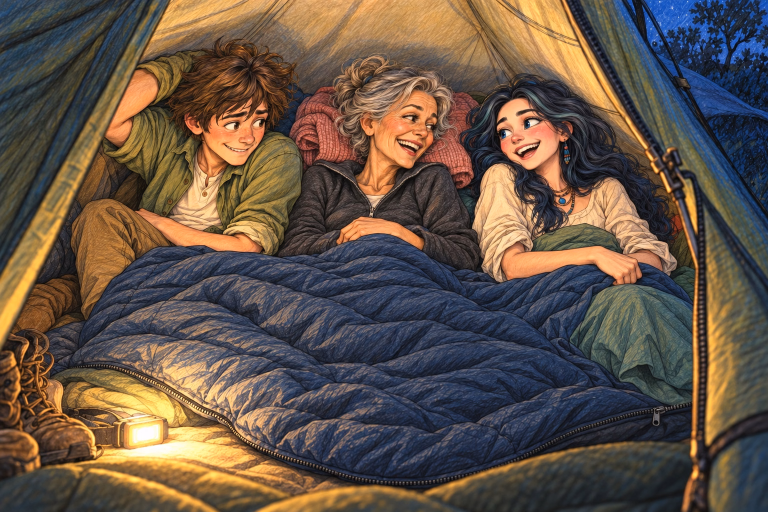 Axel, Hortensia and Eva squeeze into the tent beneath one unzipped sleeping bag.