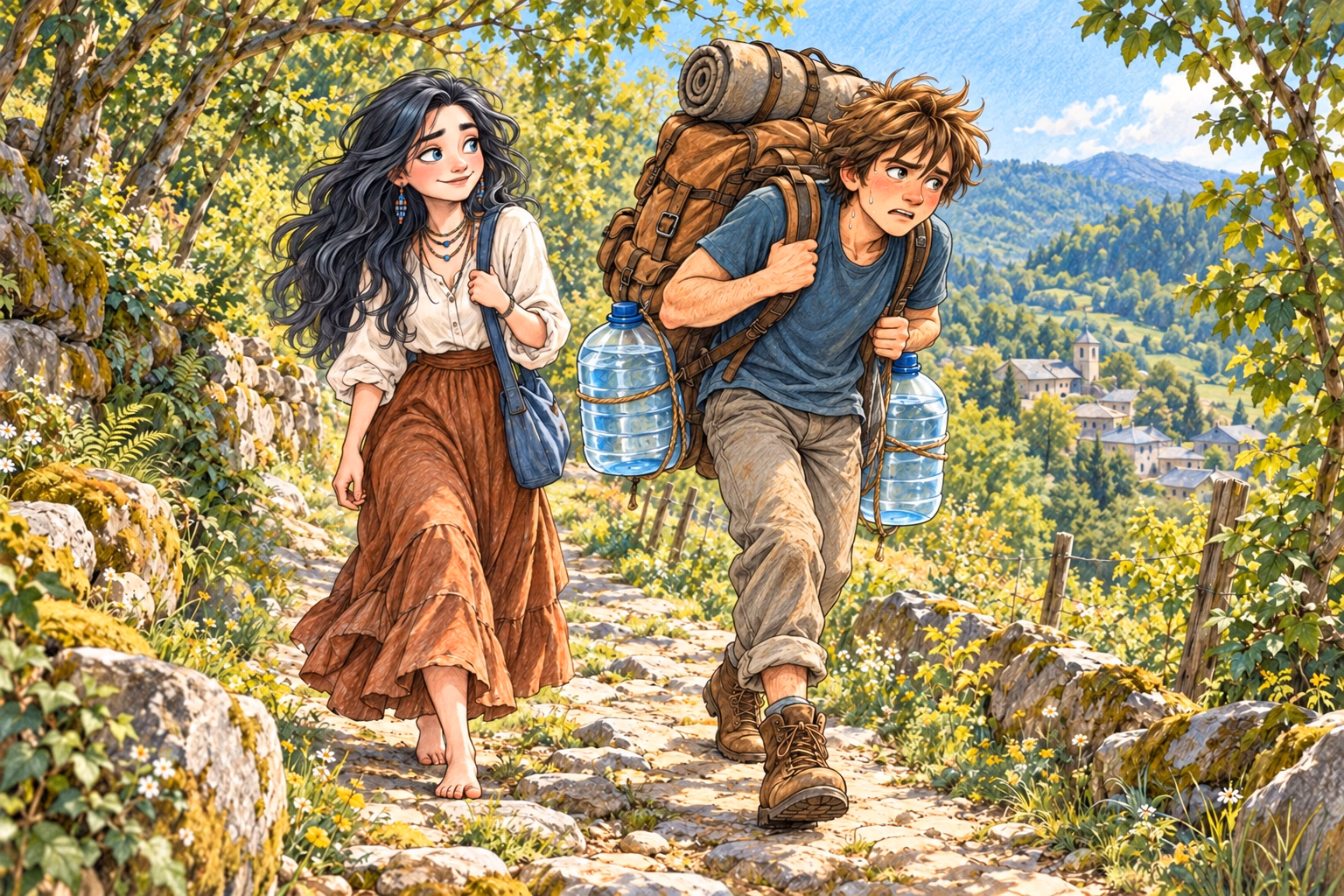 Axel carries the rucksack and two water containers along the sunny path.