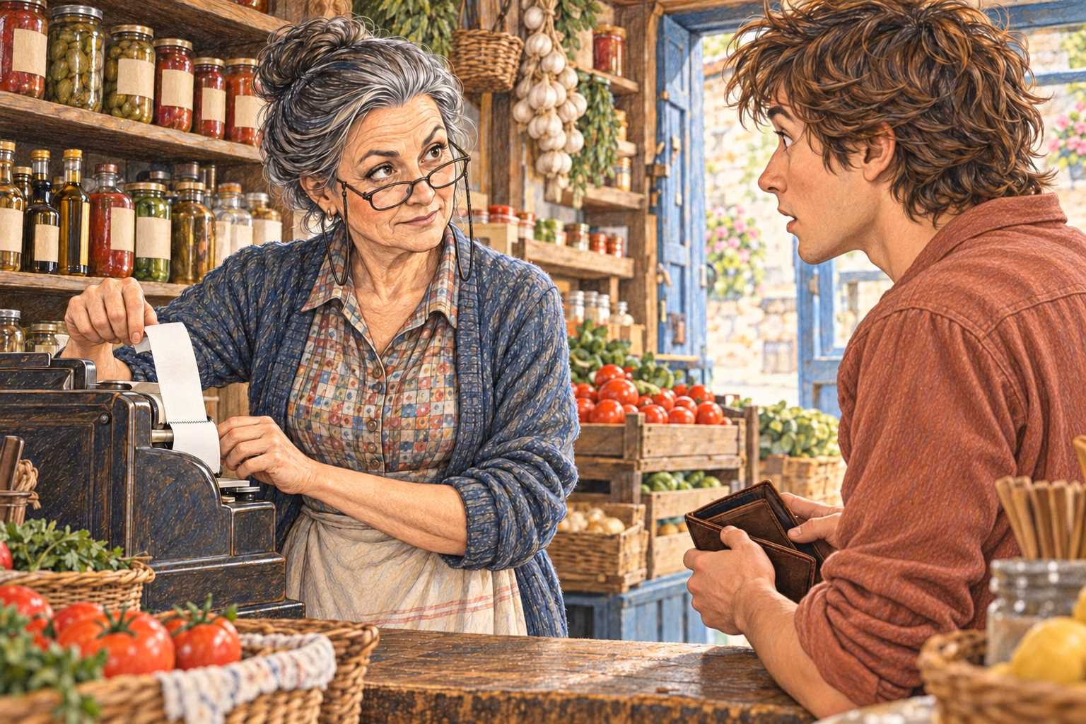 Trini recommends leaving something sweet for them while Axel listens with his wallet open.