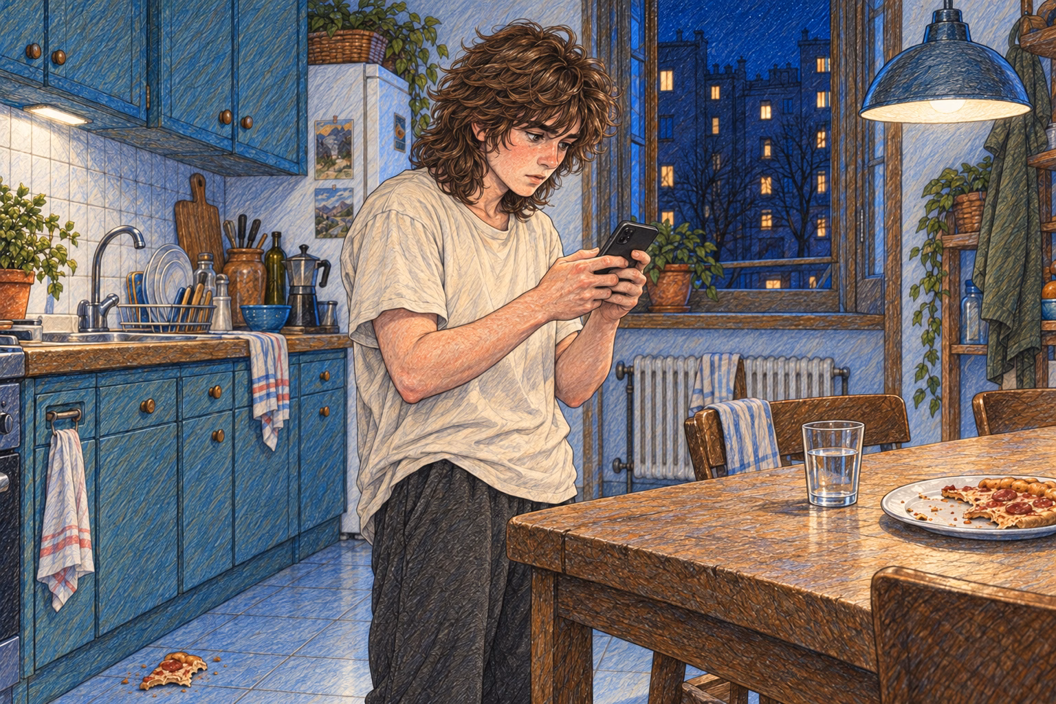 Axel writes the three messages standing beside his kitchen table.