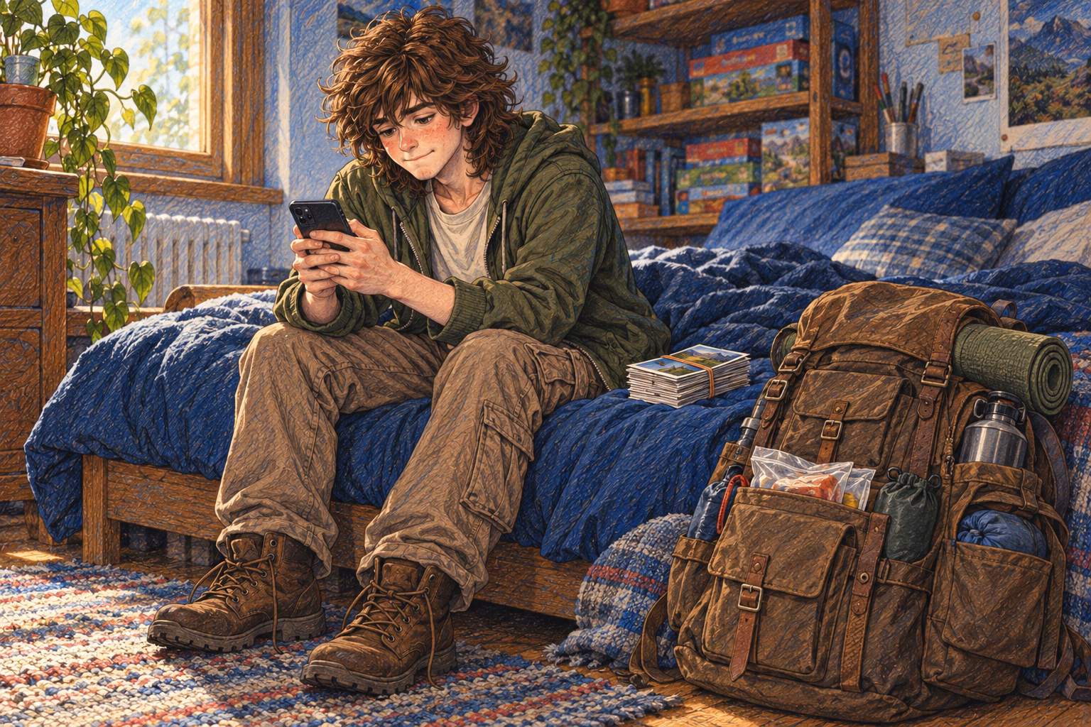 Sitting on his bed, Axel hesitates over the message he is about to send his mother.