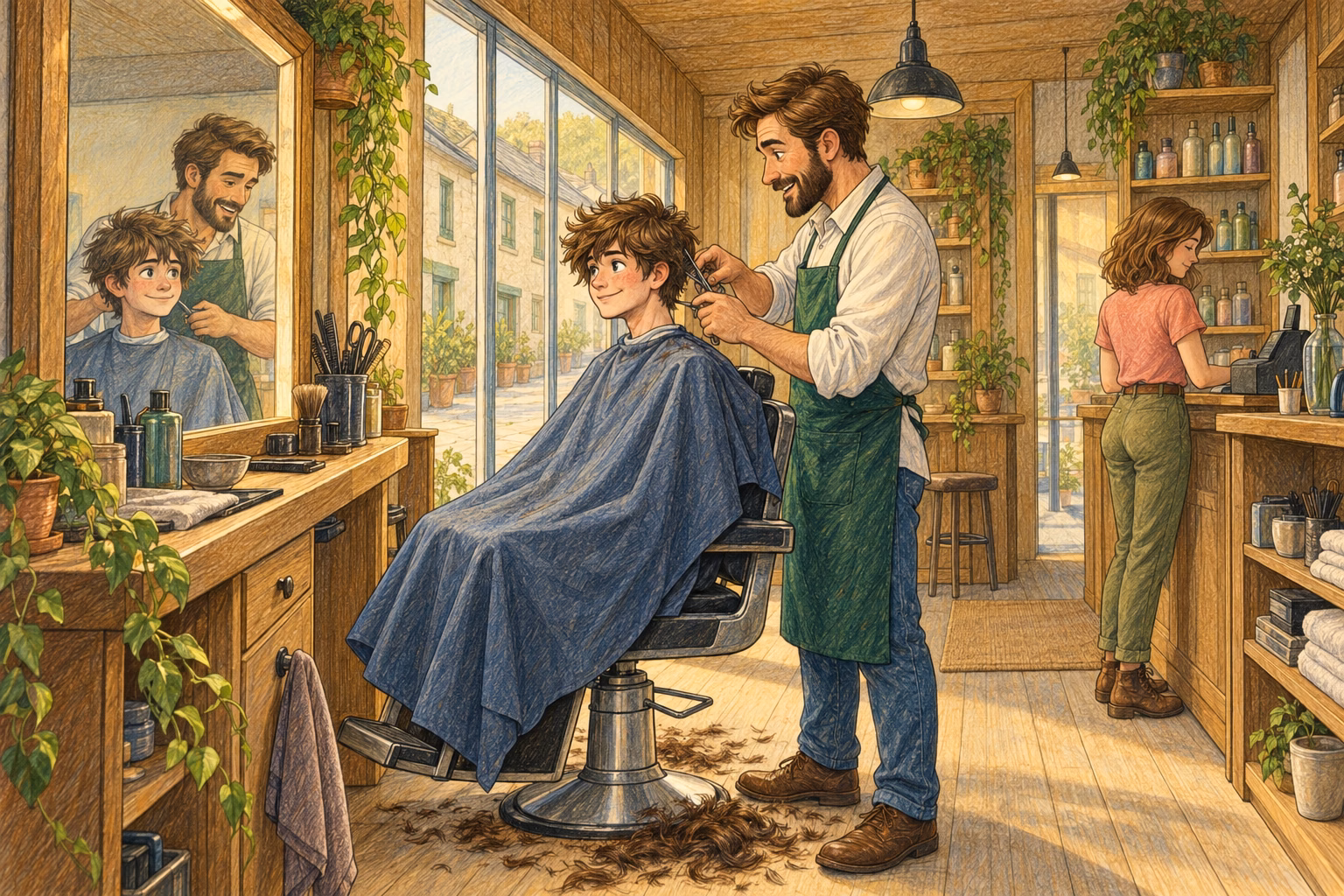 Bruno trims the hair at Axel’s nape while Clara works at the till.