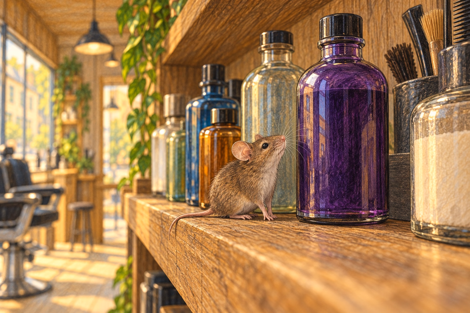 A little mouse pauses beside the violet bottle on the shelf.