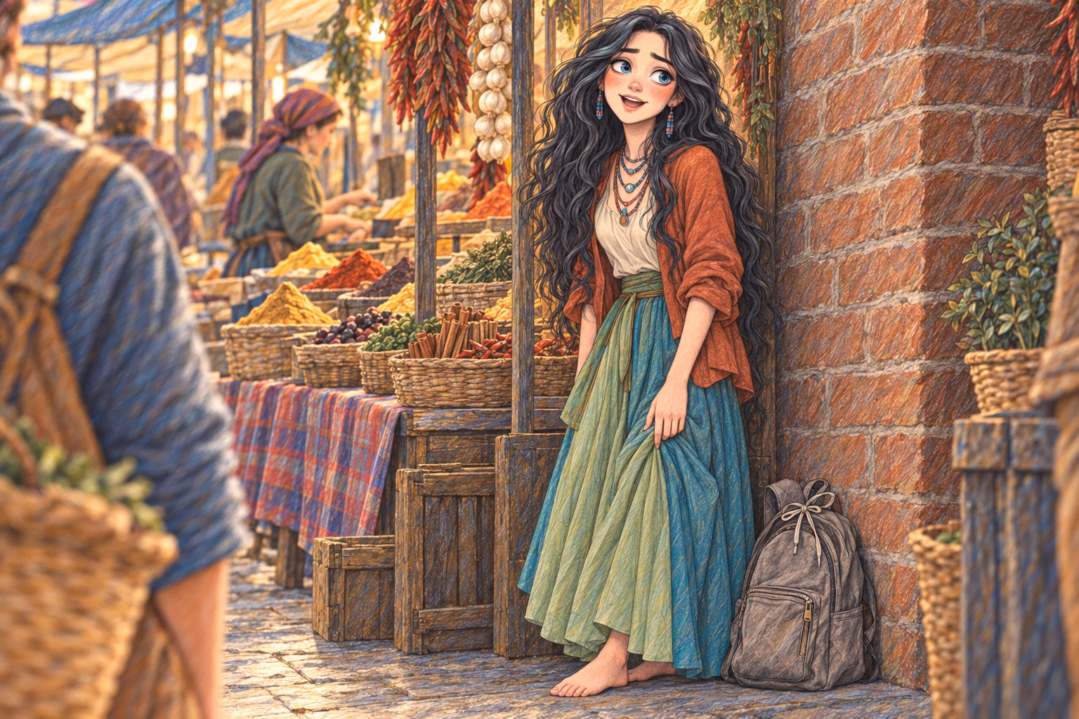 Eva sings beside the spice stall, her old backpack at her feet.