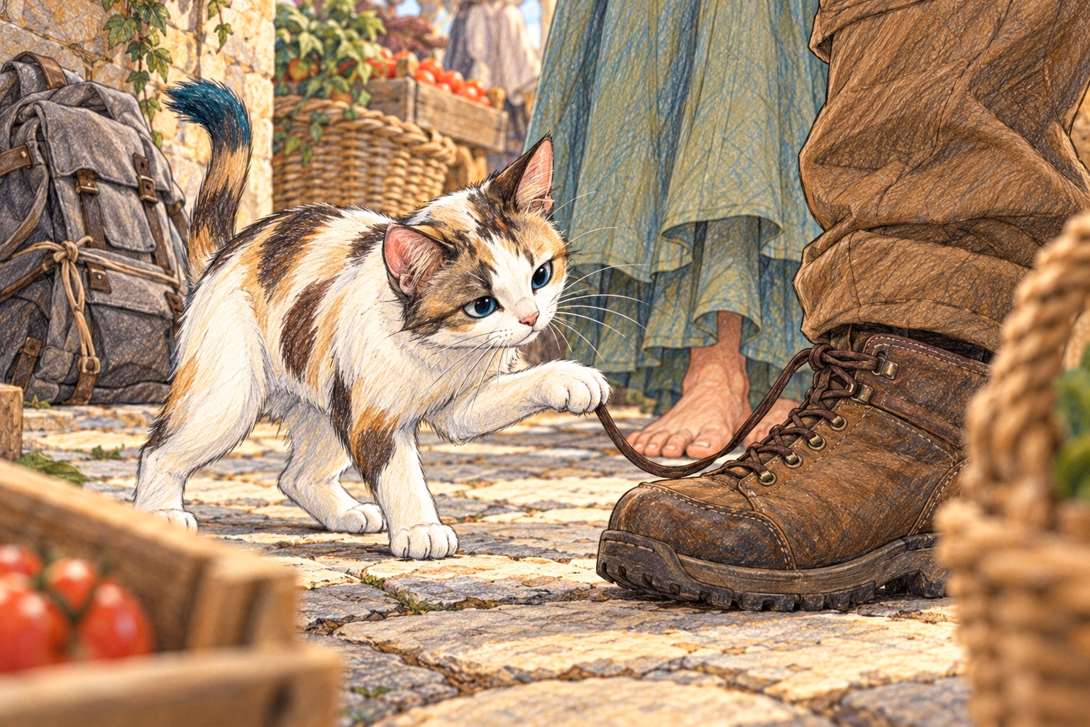 Fay catches the loose lace of Axel’s boot with one paw.