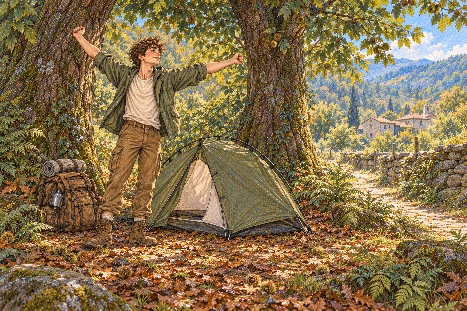 Axel stretches beside his small tent and finds the woods far more ordinary in daylight.