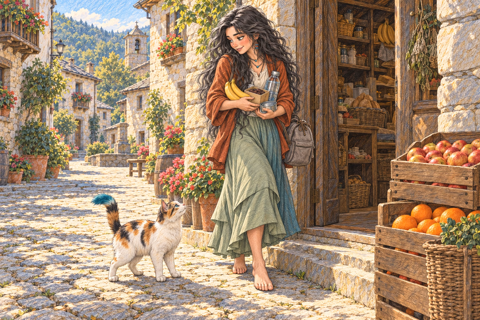 Eva leaves the shop with fruit, dates, water and a tin of tuna for Fay.