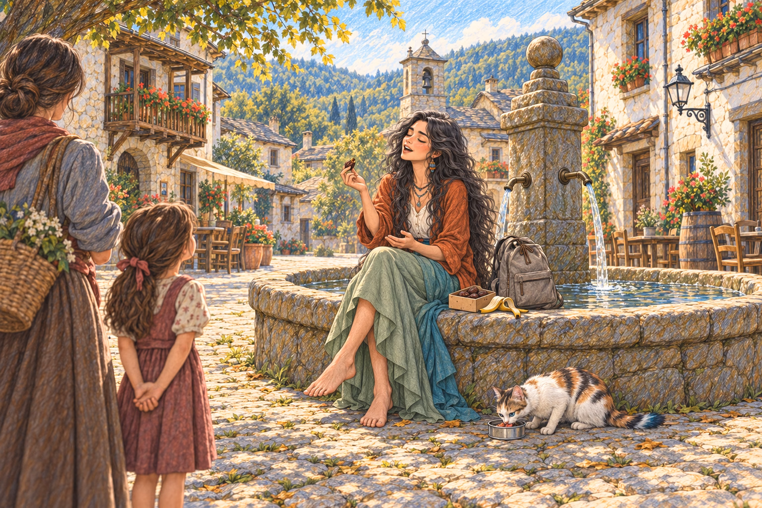 Eva sings with her eyes closed beside the fountain as a little girl stops to listen.