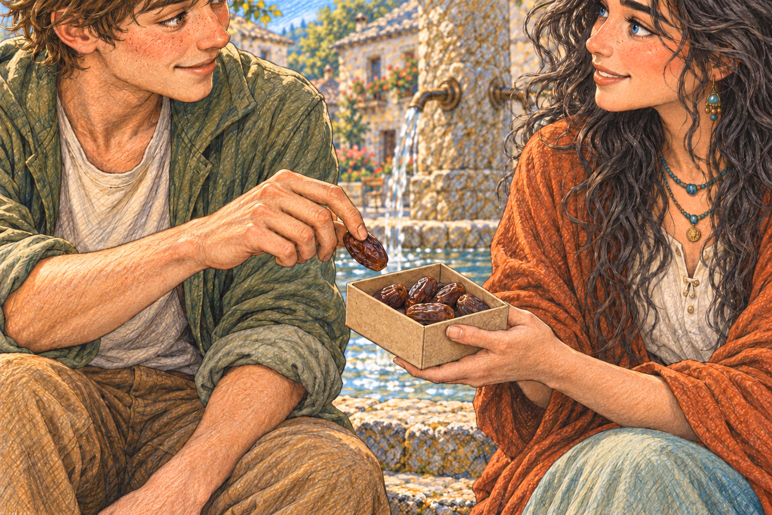 Eva offers the box of dates and Axel takes one as they start talking.