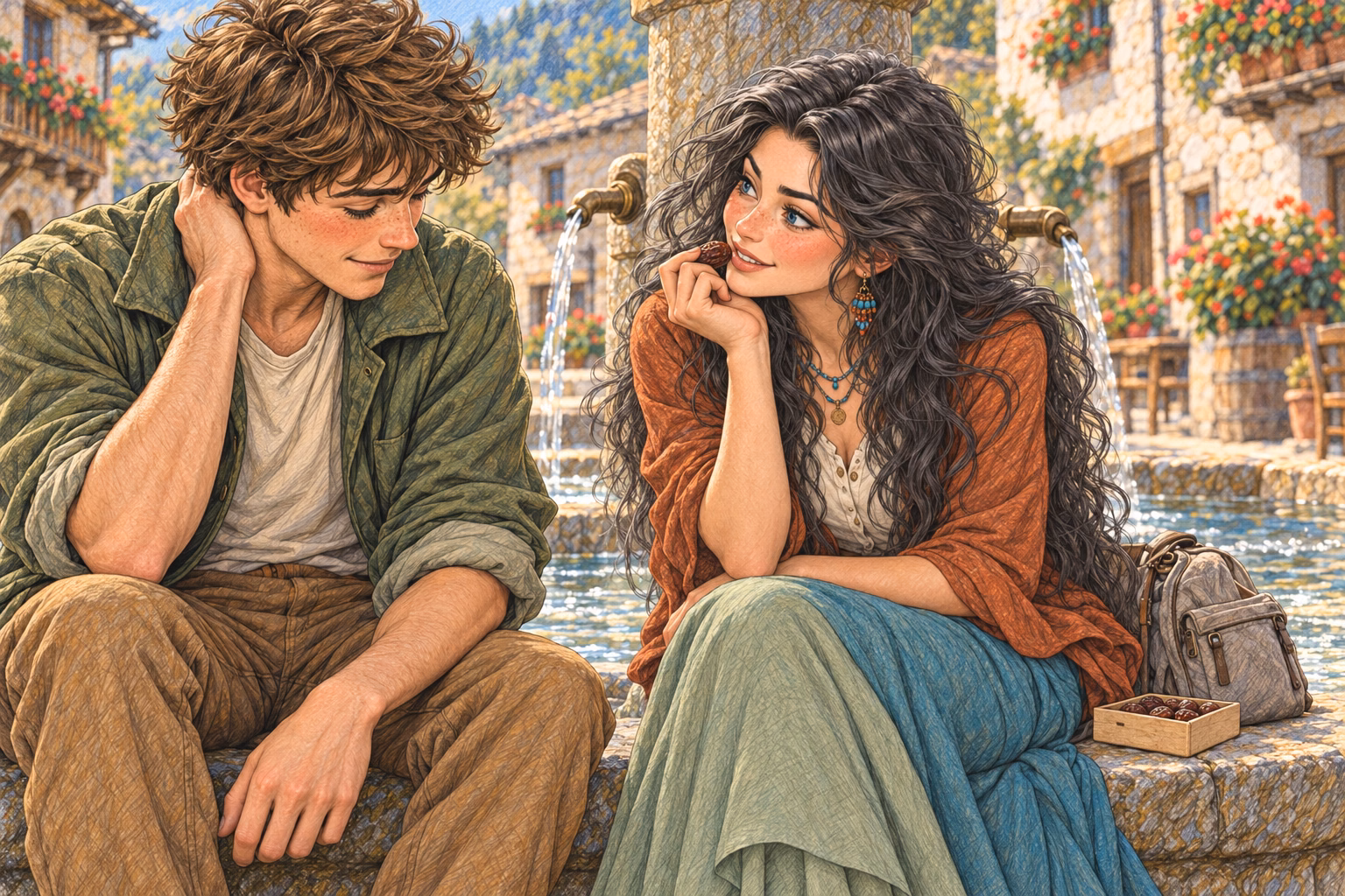 Eva encourages Axel to tell her his story beside the fountain.
