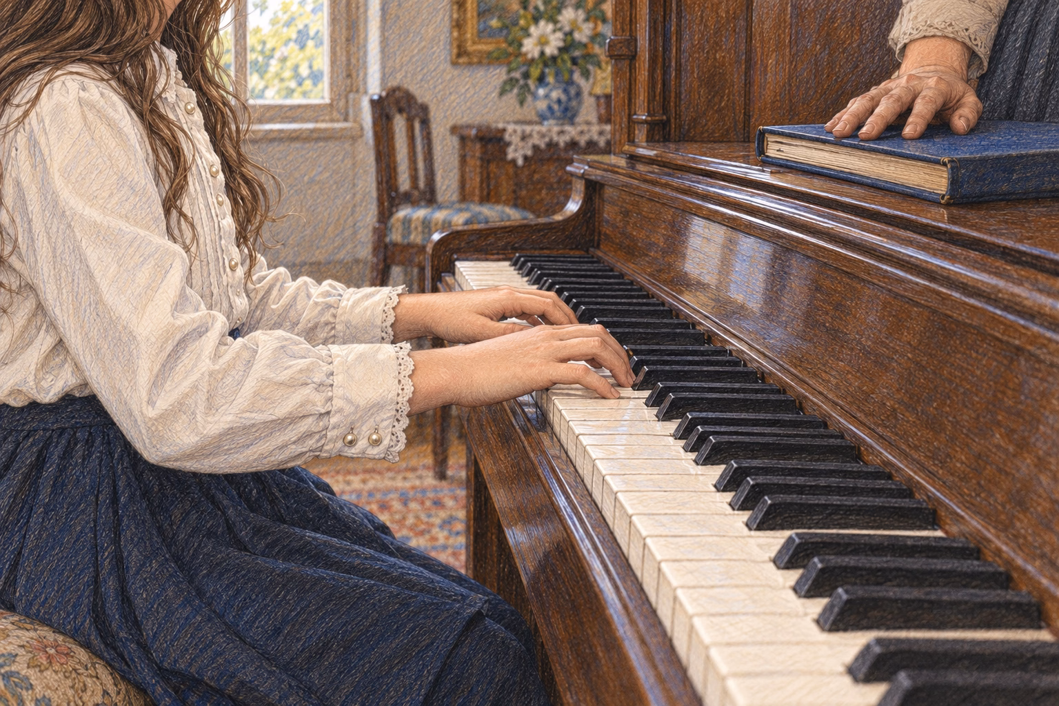Eva’s childhood hands rest on the piano keys under an adult’s supervision.