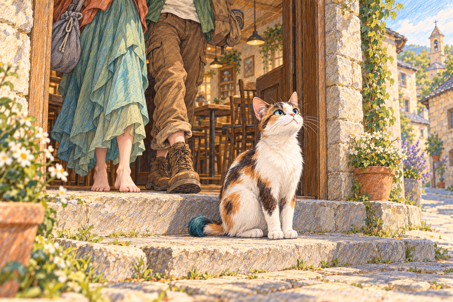 Fay waits on the step of the café he has chosen for breakfast.