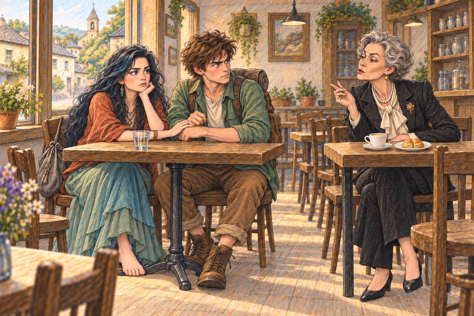 Eva stops Axel with a hand on his arm while the woman at the next table criticises her.