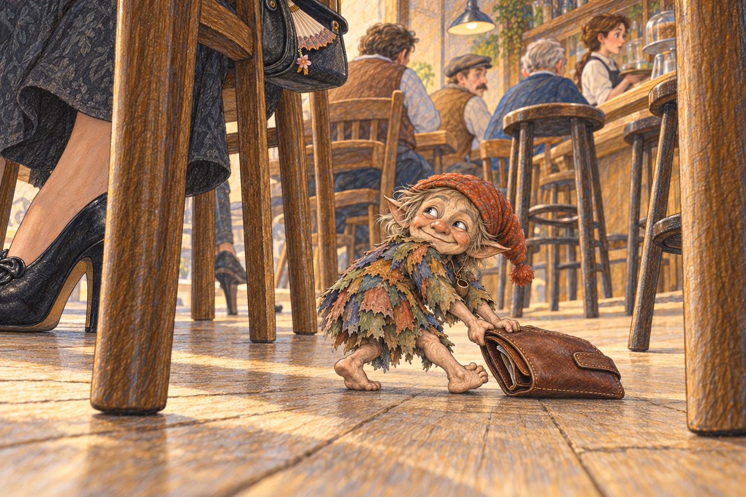 Gorgorito drags a wallet between the café’s chair legs.